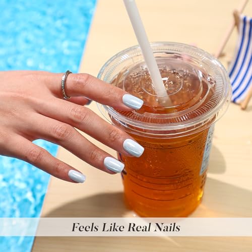 SHANGMENG Press on Nails, Square Short Blue Chrome Fake Nails, Soft Gel - color: Mercury Veil