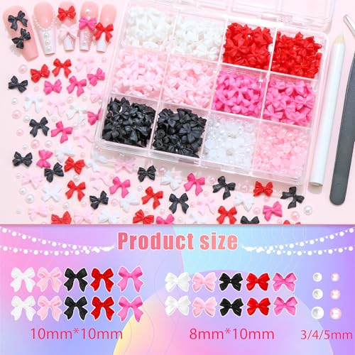 RODAKY 3D Bow Nail Charms and Flatback Pearls Gems Set,Mix Color Bows Charms for Nail Art Designs,Kawaii Bowknot 3D Cute Nail Charm,Pink White Half Pearls for Nail Jewelry DIY Crafts Nail Art Decor - color: Set 09 - 2 Boxes Nail Art Decos
