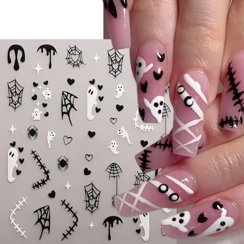 8 Sheets Halloween Glow in The Dark Nail Art Stickers 3D Self-Adhesive Luminous Ghost Heart Spider Web Nail Decals Gothic Skull Spider Pumpkin Supplies Nails Decoration for Women Manicure Accessories - style: fluorescent ghost