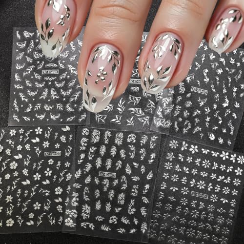 12 Sheets Gold & Silver Nail Stickers, Flower & Leaves 3D Nail Decals - color: Style-28