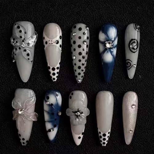 Long Stiletto Press On Nails, 30Pcs Blue White Floral Polka Dot Fake Nails - color: Blue White Floral Nails-15