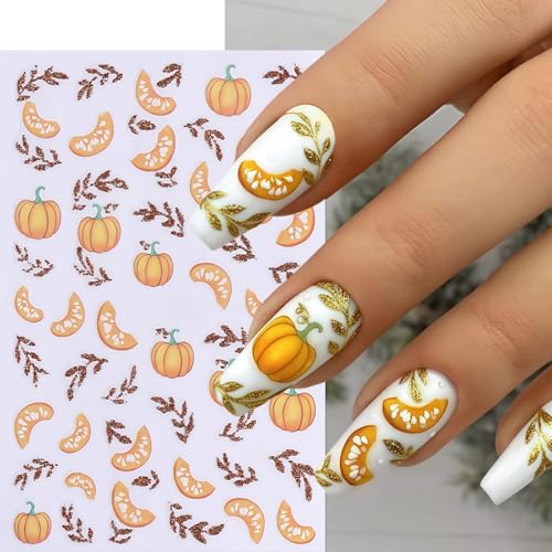 5Sheets Fall Nail Stickers Autumn Maple Leaf Nail Art Stickers 3D Self Adhesive Maple Leaves Nails Decals for Nails Art Thanksgiving Day Nail Decoration Pumpkin Nut Cute Manicure Supplies for Women - style: fall leaves