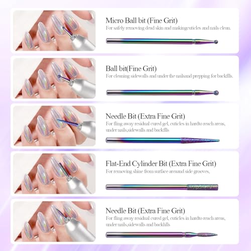Rainbow Diamond Cuticle Bit Set for Nail Drill - 10Pcs 3/32" Nail Prep Bits with Flame Ball Needle Bit, Safety Silicone Buffer & Cleaning Brush for Beginner - color: Rainbow