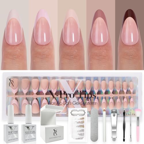 SXC Cosmetics French Tip Press On Nails - Skin Tone Nude and Color Series, Medium Almond X-Pro Tips Starter Kit ST115KIT - color: Skin Tone - M Almond