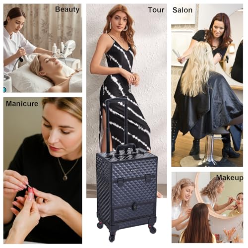 TOPACK 3-In-1 360°Rotaing Rolling Makeup Train Case with Trolley/drawer - color: all black, size: medium