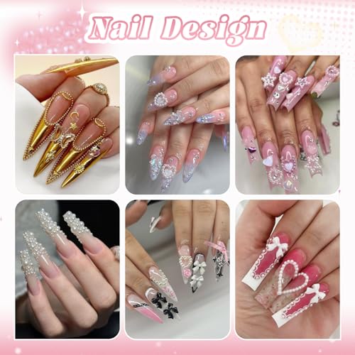 Nail Beads and Flatback White Pearls for Nails 3D Bows Star Nail Charms - color: 03 2 Boxes Nail Art Decos Set 7
