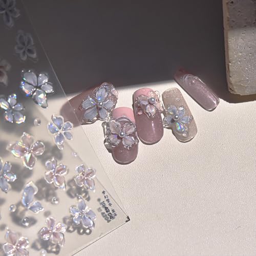 5D Embossed Laser Flower Nail Stickers for Nail Art Self-Adhesive Glitter Silver Flower Nail Decals Reflective Petal Design Stickers Spring Summer Nail Art Decoration for Women DIY Manicure - style: 5D Embossed Nail Stickers-2