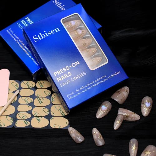 Medium Almond Press On Nails, Gold Star Jewel Nude Fake Nails 30Pcs - color: 01-3D-Gold Star
