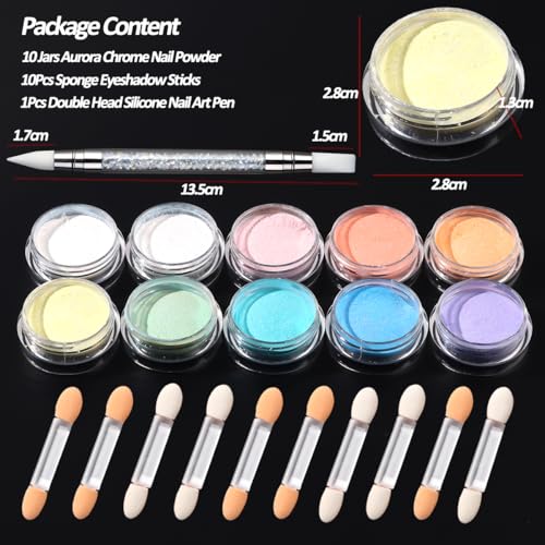 10 Colors Mermaid Pearl Chrome Nail Powder, Iridescent Aurora - color: 10 Colors Aurora