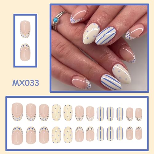 Polka Dot Press On Nails Short Almond Fake Nails French False Nails With Blue Stripe Design Reusable Acrylic Nail Press Ons Glossy Full Cover Glue On Nails For Women Manicure 24Pcs - color: Design-16