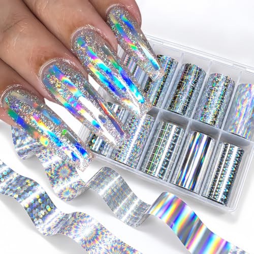 10Pcs Laser Aurora Nail Foil Transfer Stickers for Long Short Acrylic Nails - color: Silver