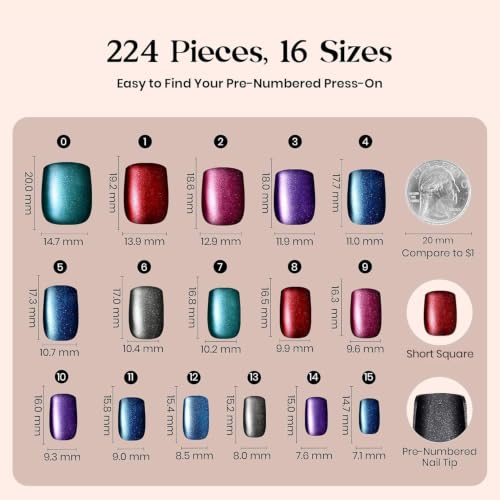 Beetles Cat Eye Nails - 7 Colors Short Square Press On Nails 224 Pcs - color: 1 - Galaxy CatEye - S