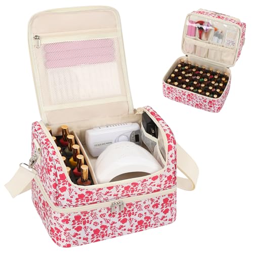 CUBETASTIC Nail Polish Organizer, Nail Supplies Storage Case Holds 45 Bottles Nail Polish & Nail Lamp, Travel Nail Tech Carrying Bag, Nail Kit Bag For Nail Stuff & Manicure Tools - color: Hot Pink Floral, size: 45 Slots