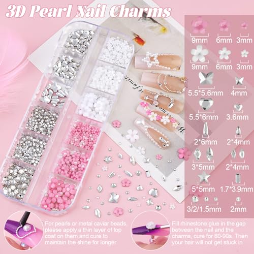 Nail Beads and 3D Flowers Glass Nail Rhinestones for Nails Pearls Charms - color: 04 2 Boxes Nail Art Decos Set 12
