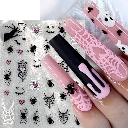 6Sheets Cute Ghost Nail Stickers for Nail Art,Micro-Relief Halloween Spider Nail Decals Pumpkin Cat Heart Spider Web Nail Designs Bat Star Nails Accessories for Women Acrylic Manicure Holiday Supplies - style: ghost