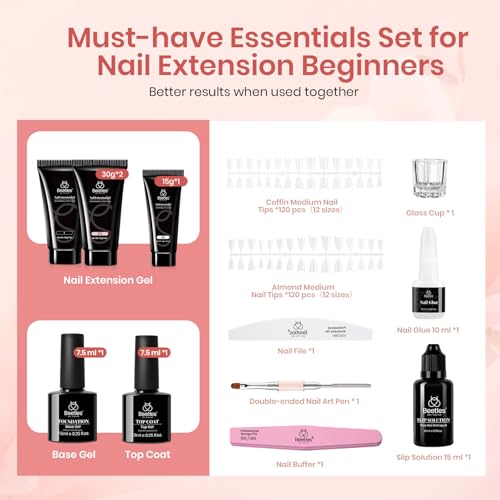 Beetles Poly Extension Gel Kit 3 Colors Nude Clear White With Nail Tips - color: 0-Pristine Grace