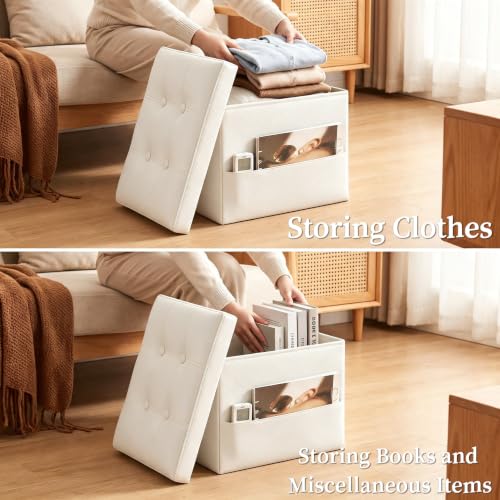 Ottoman with Storage. Folding Foot Stool with Thick Foam Padded Seat, White - color: White, size: 17"D x 13"W x 13"H