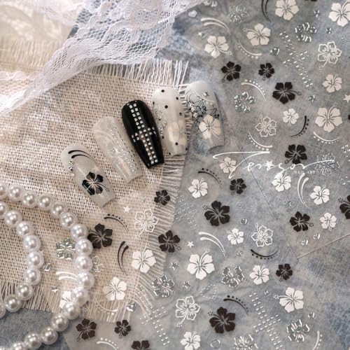 Black White Hibiscus Flower Nails Stickers - 3D Self‑Adhesive, 1 Sheet - color: Color-33
