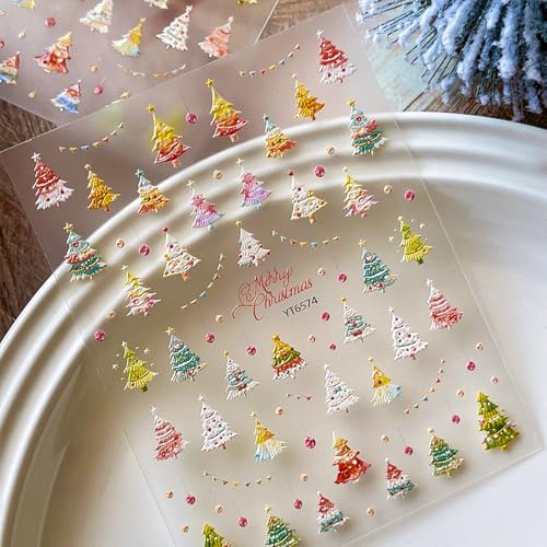 Christmas Nail Stickers for Nail Art Cute Colorful Christmas Tree Nail Art Stickers Xmas Winter 5D Embossed Nail Decals 3D Self-Adhesive Nails Supply Manicure Sliders for Nails Decoration - color: Cute Colorful Xmas Tree
