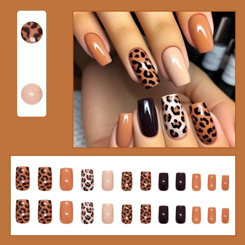 24Pcs Leopard Print Press on Nails Medium Square Fake Nails With Brown Leopard Print Fall Nude Y2K Retro Cheetah Designs Acrylic False Nails Full Cover Glue on Nails Glossy Stick on Nail For Women - color: style19