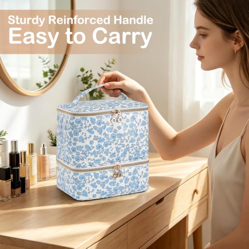Uross Nail Polish Organizer Bag Case, 30 Bottles PU Leather- Blue Floral - size: Medium- Hold 30 Bottles