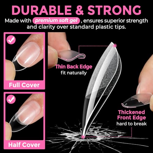 UNA GELLA Medium Oval Nail Tips 216pcs in 12 Sizes, Round Soft Gel Tips