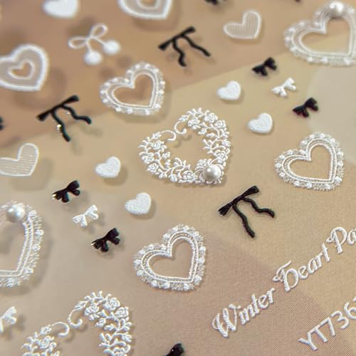 Valentines Nail Art Stickers Black Bow White Heart Nail Decals Charms 3D Self-Adhesive Valentines Day DIY Date Nail Supplies Manicure for Nail Decorations - color: Bow Heart