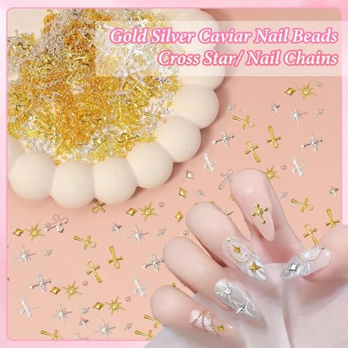 Gold Silver Caviar Nail Beads, 3D Starburst Chain Cross Nail Charms - color: S2