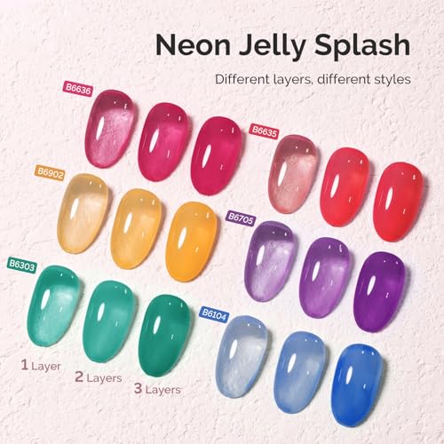 MelodySusie Jelly Gel Nail Polish Set 6PCS Milky or Jelly Texture 15ML - color: Neon Jelly Splash 15ML