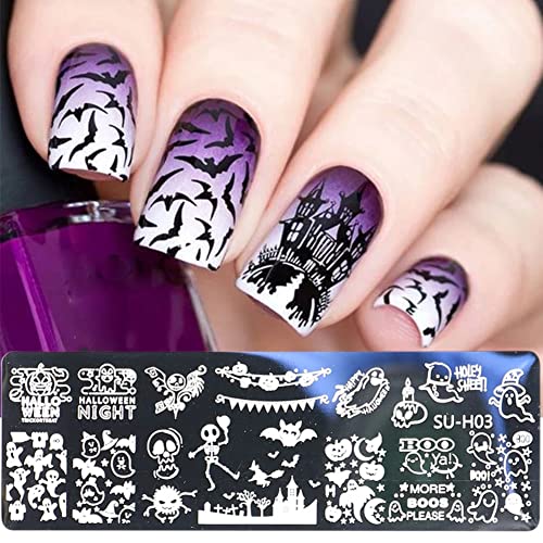 Halloween Nail Stamper Kit: 6 Pcs Stamp Template Plates with 1 Stamper, 1 Scraper - Horror, Ghost, Pumpkin, Skull, Bone Images - DIY Nail Art Set