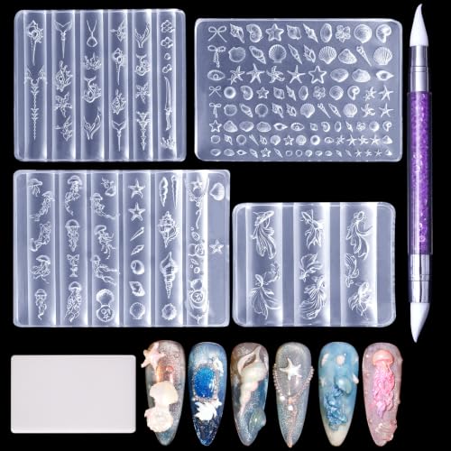 Laza 4pcs Ocean Silicone Nail Molds, Various Beach Nail Charms