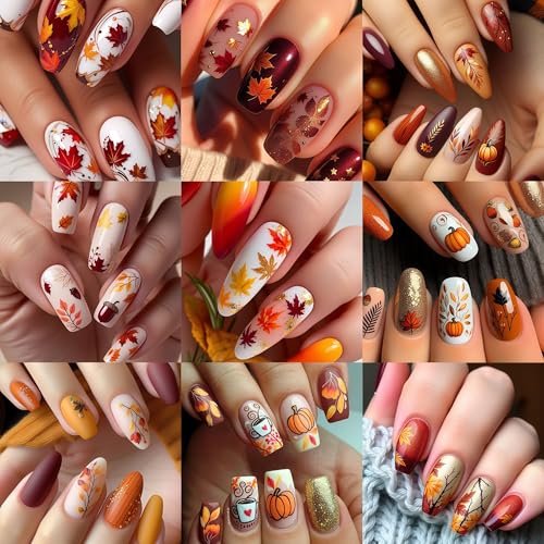 5Sheets Fall Nail Stickers Autumn Maple Leaf Nail Art Stickers 3D Self Adhesive Maple Leaves Nails Decals for Nails Art Thanksgiving Day Nail Decoration Pumpkin Nut Cute Manicure Supplies for Women - style: fall leaves
