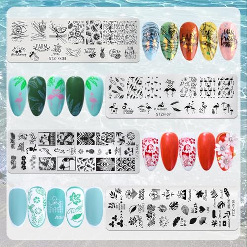 8pcs Summer Nail Stamping Plate Kit - Ocean Flower Fruit Nail Stamping Kit Spring Summer Nail Art Template Stencil Manicure Tool Reusable Salon Accessories Supplies for DIY Home Use - style: Tropical