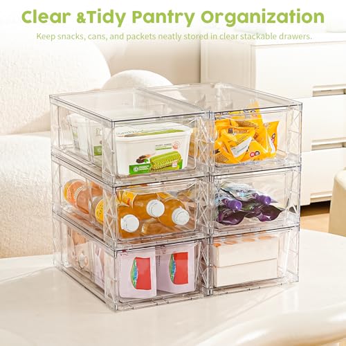 Acrylic Storage Drawers, 6 Pack Clear Stackable Storage Drawers, Acrylic Organizers Drawers for Under Sink, Pantry, Bathroom, Makeup Organizers Cosmetic Display,Classroom Storage Organization, Medium
