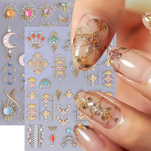 3 Sheets Bohemian Style Nail Decals Embossed Star Nail Art Stickers 5D Self-Adhesive Sun Moon Nail Stickers Flame Heart French Designs Nails Decor Boho Manicure Accessories for Women Nail Supplies - style: Bohemian