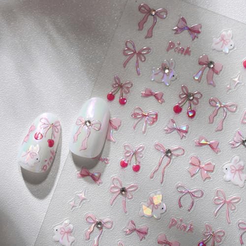 1 Sheet Bow Nail Art Stickers 5D Self-Adhesive Glitter Pink Bows Nail Art Designs Decals Cute Bow Nails Sticker Bow Charms with Rhinestone Design Acrylic DIY Decoration Supplies Charms for Women - style: diamond bow