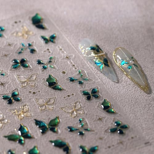 Butterfly Nail Stickers 5D Embossed Gold Green Butterfly Nail Art Sticker Self Adhesive Nail Decals Summer Nail Art for Women Manicure Supplies Nails Art Decorations - color: Style-23