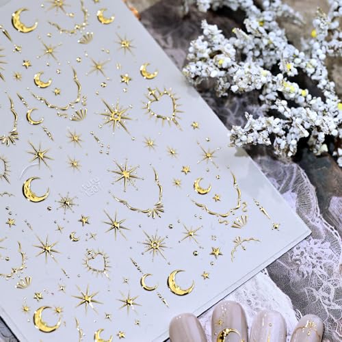 1 Sheet Gold Moon Star Nail Sticker for Nail Art Gold Nail Art Stickers Luxury Nail Decals for Nails Designs 5D Embossed Moon Heart Nail Art Sticker Nail Supplies Nail Decor for Women DIY Manicure - style: gold stars