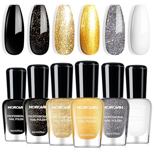 Morovan Nail Polish Set Fingernail: Black Gold White Glitter Sparkle Sliver - color: Opulent Black