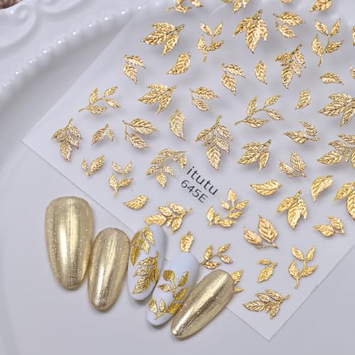 1 Sheet Fall Gold Leaf Nail Stickers 5d Embossed Leaves Nail Decals - color: Gold Leaves
