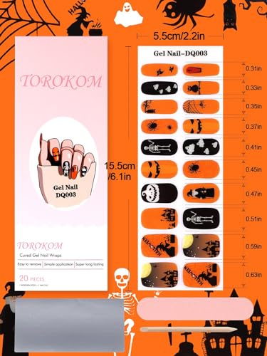 TOROKOM Halloween Cured Gel Nail Strips, Orange Pumpkin Gel Nail Polish Strips, Long Lasting Waterproof Full Nail Wraps, UV/LED Lamp Required - style: 03
