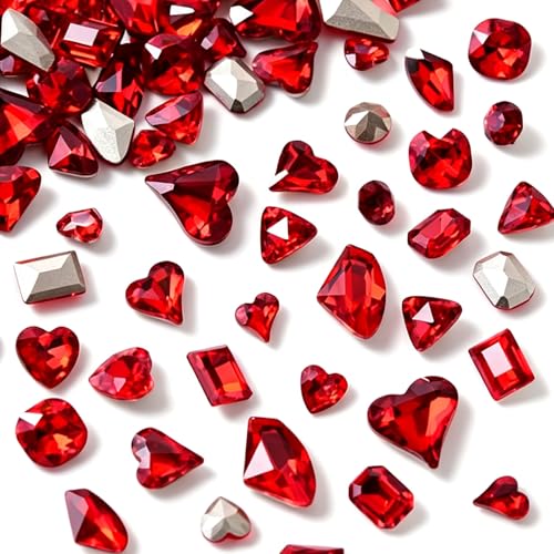 48 Pcs Big Mix Sizes Different Shape Nail Rhinestones 12 Styles 3D Glass Crystals Diamonds Love Distorts Heart Super Shiny Charms Gems Stones DIY Nail Art Decoration Craft Jewelry (Red) - color: Red