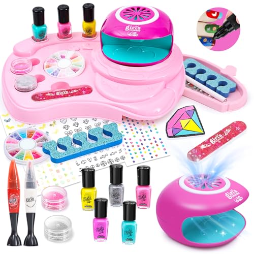 Nail Polish Kit for Girl , Kids Nail Art Salon Set with Nail Dryer , Nail Art Kit for Girls Ages 8-12,Makeup Manicures Decoration Studio Gifts for Christmas Birthday Spa Party Favors