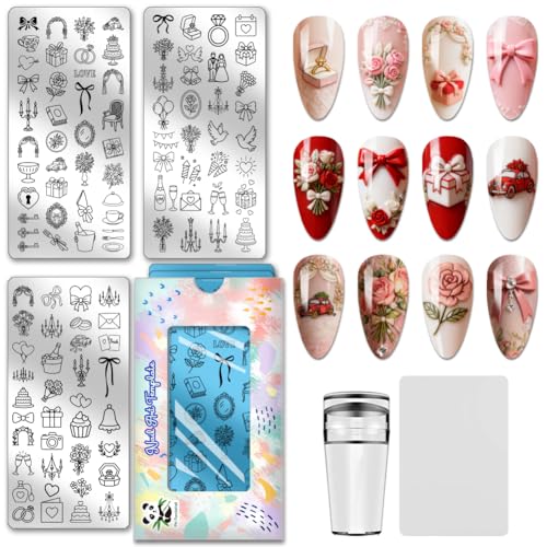 PH PandaHall 3pcs Wedding Nail Stamping Plates Valentine Nail Art Plates Balloon Celebration Bouquets Cakes Nails Image Plates Hearts Bows Stencils for Women DIY Ceremony Party Manicures Salon Design - style: Wedding