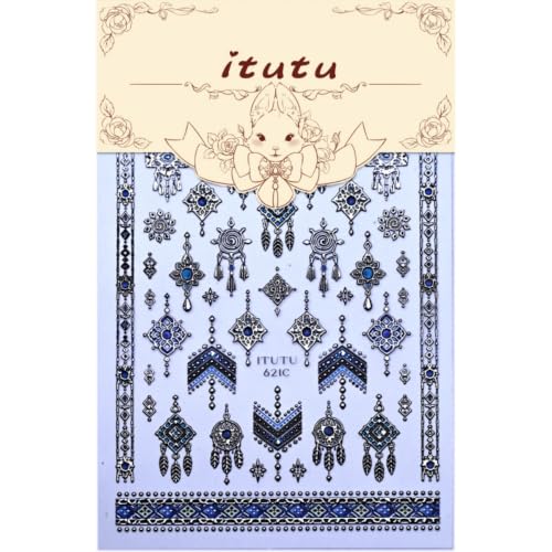 Boho Nail Stickers Silver Blue Ethnic Tribal Feather Designs - color: Color 23