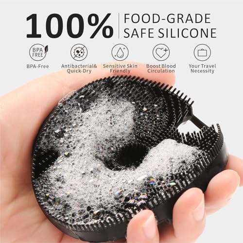 Silicone Body Scrubber Shower Brush 2 Counts,Super Exfoliating Body Brush with Non-Slip Strap-Effective Showering Exfoliation and Gentle Massage for Men Wome,Durable Use Brush (Black+Purple) - color: Black+purple
