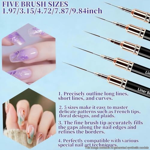 5Pcs Nail Art Liner Brushes Liner Brush for Nails Gel Striping Nail Brushes (Black) - color: Black