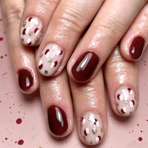 Fall Press on Nails Short Square Fake Nails with Glitter Dot Designs Glossy Nails Press ons Burgundy Nude Glue on Nails Full Cover Acrylic Nails Autumn Stick on Nails for Women 24Pcs - color: 12