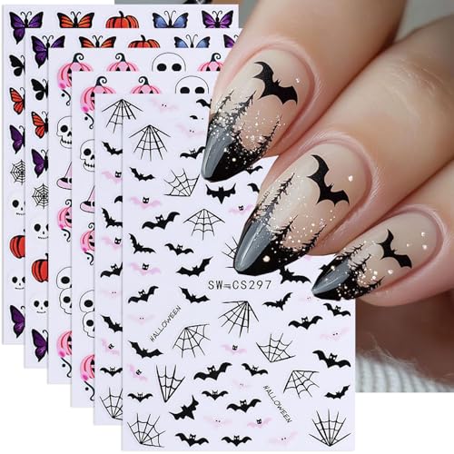 Halloween Nail Art Stickers Skull Head Pumpkin Nail Decals 6 Sheets Self-Adhesive Nail Design Stickers Spider Web Bat Butterfly Nail Stickers Halloween Nail Art Design Nail Supplies for Women - color: Halloween Style12
