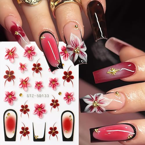 Flowers Nail Art Stickers Decals 5D Embossed Self-Adhesive Summer Flowers Nail Stickers French Tip Design Nail Decals Spring and Summer Flower Sticker for Women DIY Manicure Decoration Supplies - style: Flowers